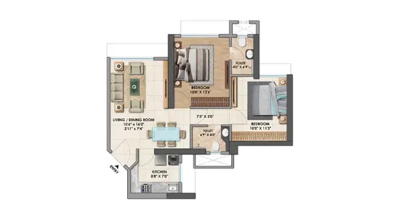 2 bhk floor plan