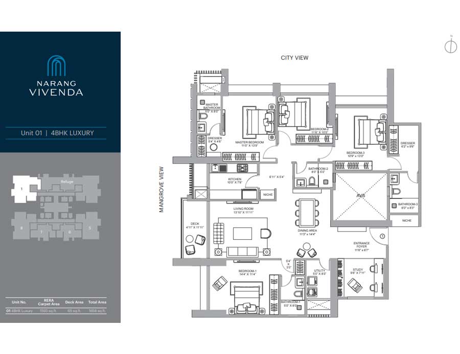 Floor Plan 3 BHK + Study